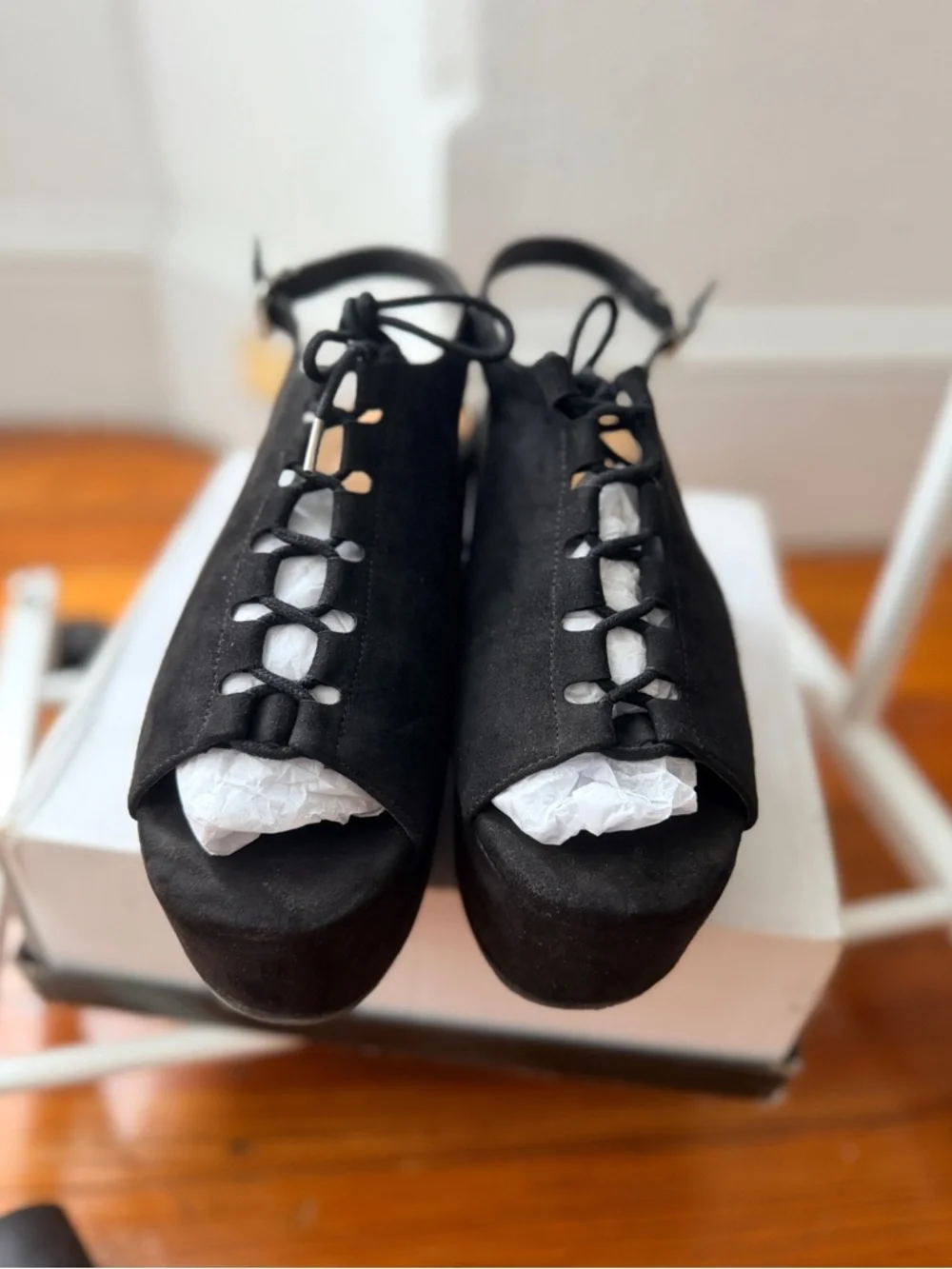 Black Platform Lace-Up Peep-Toe Sandals